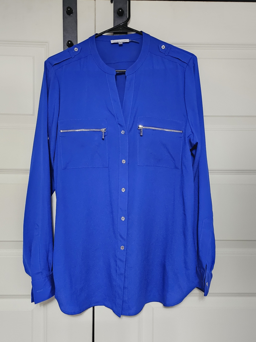 Calvin Klein Cobalt Blue Button-Front Blouse with Zip Pockets